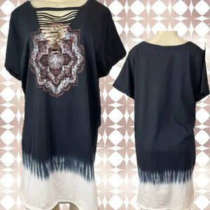 Torrid +3 Black Dip-Dye Slashed V-Neck Accent Print Short Sleeve T-Shirt Dress